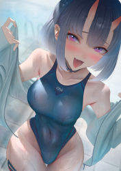 Rule 34 | 1girl, alternate breast size, bare hips, bare shoulders, blue one-piece swimsuit, blush, bob cut, breasts, collarbone, competition swimsuit, covered navel, eyeliner, fate/grand order, fate (series), highleg, highleg swimsuit, highres, horns, imizu (nitro unknown), jacket, long sleeves, looking at viewer, makeup, medium breasts, off shoulder, one-piece swimsuit, oni, open clothes, open jacket, open mouth, purple eyes, purple hair, short hair, shuten douji (fate), skin-covered horns, smile, solo, swimsuit, thighs, white jacket