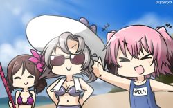 Rule 34 | &gt; &lt;, +++, 3girls, bikini, brown hair, commentary, cosplay, dated, drill hair, fate/grand order, fate (series), flower, gae bolg (fate), grey hair, hair flower, hair ornament, hamu koutarou, harukaze (kancolle), hat, highres, kantai collection, kinugasa (kancolle), kunashiri (kancolle), multiple girls, name tag, one-piece swimsuit, pink hair, scathach (fate), scathach (fate), scathach (swimsuit assassin) (fate), scathach (swimsuit assassin) (fate) (cosplay), school swimsuit, sun hat, sunglasses, swimsuit, towel, towel around neck, v-shaped eyebrows