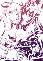 Rule 34 | 2girls, bare shoulders, breast press, breasts, flower, flower on head, gauntlets, grin, hair flower, hair ornament, horns, large breasts, long hair, looking at viewer, monochrome, multiple girls, mushi024, persephone (p&amp;d), pointy ears, puzzle &amp; dragons, smile, symmetrical docking, tiara, wicked lady (p&amp;d)
