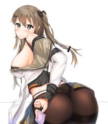 Rule 34 | 1girl, absurdres, ass, auna, black panties, blush, breasts, brown eyes, brown hair, brown pantyhose, condom, fingerless gloves, girls&#039; frontline, gloves, hair ornament, hairclip, highres, k2 (girls&#039; frontline), leaning, leaning forward, long hair, long sleeves, looking at viewer, medium breasts, miniskirt, one side up, panties, pantyhose, side ponytail, sidelocks, simple background, skirt, smile, solo, standing, thighband pantyhose, thong, underwear, whale tail (clothing), white background