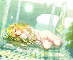 Rule 34 | 1girl, blonde hair, brown eyes, character request, dress, flower, hair flower, hair ornament, long hair, looking at viewer, lying, on side, shironeko project, solo, unier, water