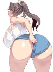 Rule 34 | 1girl, ass, blue eyes, breasts, covered erect nipples, curvy, denim, denim shorts, from above, from behind, gigantic breasts, hair ornament, highres, hip focus, huge ass, kouno (masao), long hair, looking at viewer, looking back, nipples, no bra, ponytail, shiny skin, shirt, short shorts, shorts, sideboob, thick thighs, thighs, wide hips
