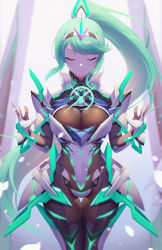 Rule 34 | 1girl, breasts, chest jewel, closed eyes, earrings, gem, gloves, greek text, green hair, jewelry, kaijuicery, large breasts, long hair, neon trim, pneuma (xenoblade), ponytail, solo, swept bangs, tiara, very long hair, xenoblade chronicles (series), xenoblade chronicles 2