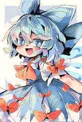 Rule 34 | 1girl, ahoge, blue bow, blue dress, blue eyes, blue hair, blush, bow, cirno, collared shirt, detached wings, dress, fairy, hair between eyes, hair bow, highres, ice, ice wings, mame komari, one-hour drawing challenge, open mouth, puffy short sleeves, puffy sleeves, shirt, short hair, short sleeves, smile, solo, touhou, white shirt, wings