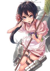 Rule 34 | 10s, 1girl, akanbe, akebono (kancolle), apron, black hair, broom, eyelid pull, flat chest, flower, hair flower, hair ornament, japanese clothes, kantai collection, kyara36, long hair, looking at viewer, maid apron, side ponytail, solo, tongue, tongue out