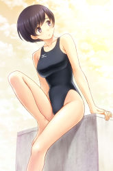 Rule 34 | 1girl, arms at sides, bare arms, bare legs, bare shoulders, black one-piece swimsuit, blush, closed mouth, cloud, cloudy sky, collarbone, competition swimsuit, day, expressionless, groin, highleg, highleg swimsuit, highres, kuri (kurigohan), one-piece swimsuit, original, outdoors, purple eyes, purple hair, short hair, sitting, sky, solo, sunlight, swimsuit, tareme, thighs, yellow sky