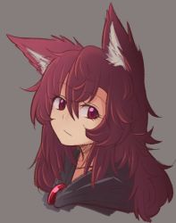 Rule 34 | 1girl, animal ear fluff, animal ears, brooch, brown hair, commentary, english commentary, grey background, hair between eyes, head tilt, imaizumi kagerou, jewelry, long hair, looking at viewer, portrait, red eyes, simple background, solo, touhou, wolf ears, wool (miwol)