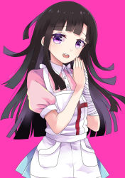 Rule 34 | 1girl, apron, bandaged arm, bandages, black hair, blush, breasts, commentary request, danganronpa (series), danganronpa 2: goodbye despair, danganronpa 3 (anime), dot nose, happy, highres, long hair, looking at viewer, mako dai ni-dai, medium breasts, mole, mole under eye, nurse, open mouth, pink background, pink shirt, puffy short sleeves, puffy sleeves, purple eyes, shirt, short sleeves, simple background, skirt, solo, teeth, tsumiki mikan, upper body, white apron