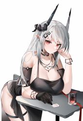 Rule 34 | 1girl, arknights, bare shoulders, black choker, black dress, black gloves, breasts, choker, commentary request, cowboy shot, detached sleeves, dress, drinking straw, gloves, groin, hand up, highres, horns, large breasts, long hair, looking at viewer, mudrock (arknights), mudrock (obsidian) (arknights), official alternate costume, pointy ears, red eyes, sabou san-shitsu kokoro, short sleeves, simple background, single glove, solo, thigh strap, thighs, white background, white hair