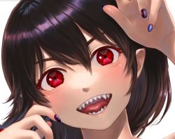 Rule 34 | 1girl, :d, black hair, black nails, blush, close-up, eye focus, eyebrows hidden by hair, fangs, fingernails, hair between eyes, hand up, houjuu nue, kageharu, nail polish, open mouth, pointy ears, portrait, purple nails, red eyes, red nails, sharp teeth, simple background, slit pupils, smile, solo, teeth, tongue, touhou, white background, wings