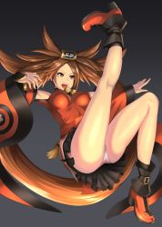 Rule 34 | 1girl, ankle boots, arc system works, ass, black background, boots, breasts, chinese clothes, commentary request, dress, fingernails, full body, gradient background, guilty gear, hair ornament, hairclip, highres, kicking, kuradoberi jam, kurone rinka, long hair, medium breasts, open mouth, panties, parted bangs, pleated skirt, red dress, red footwear, short dress, skirt, solo, thighs, underwear, white panties, wide sleeves