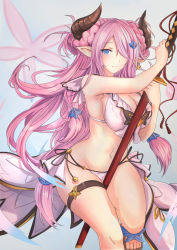 Rule 34 | 10s, 1girl, antiqq, bikini, blue eyes, breasts, cleavage, demon horns, draph, granblue fantasy, groin, hair ornament, hair over one eye, highres, holding, holding weapon, horns, katana, large breasts, light purple hair, light smile, long hair, looking at viewer, midriff, narmaya (granblue fantasy), narmaya (summer) (granblue fantasy), navel, pointy ears, sandals, sheath, sheathed, solo, standing, standing on one leg, swimsuit, sword, thigh strap, thighs, toes, weapon, white bikini