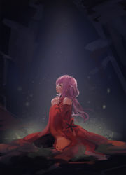 Rule 34 | 10s, 1girl, anonymous drawfag, bare shoulders, black pantyhose, center opening, detached sleeves, dress, dust, guilty crown, hair ornament, hairclip, highres, kneeling, long hair, long sleeves, pantyhose, pink hair, praying, red dress, simple background, solo, thighhighs, twintails, yuzuriha inori