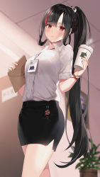 Rule 34 | 1girl, absurdres, black hair, black skirt, breasts, cup, disposable cup, hair rings, highres, holding, hum (ten ten), id card, long hair, looking at viewer, medium breasts, multicolored hair, office lady, parted lips, pencil skirt, ponytail, pulao (punishing: gray raven), punishing: gray raven, red eyes, shirt, shirt tucked in, short sleeves, sidelocks, skirt, solo, standing, streaked hair, very long hair, white shirt