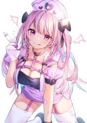 Rule 34 | 1girl, :q, ahoge, all fours, bow, braid, breasts, cleavage, cropped jacket, garter straps, gloves, hair bow, hat, highres, holding, hololive, jacket, kitazume kumie, long hair, looking at viewer, medium breasts, minato aqua, miniskirt, multicolored hair, nurse, nurse cap, open clothes, open jacket, pink eyes, pink hair, purple skirt, shoes, short sleeves, simple background, skirt, solo, streaked hair, syringe, thighhighs, thighs, tongue, tongue out, twin braids, two side up, v-shaped eyebrows, very long hair, virtual youtuber, white background, white gloves, white thighhighs, zettai ryouiki