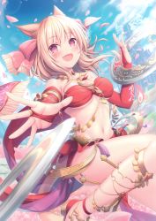 Rule 34 | 1girl, :d, absurdres, animal ears, anklet, bare shoulders, blonde hair, blue sky, breasts, bridal gauntlets, building, cat ears, chakram, cleavage, cloud, dancer (final fantasy), day, facial mark, fang, final fantasy, final fantasy xiv, hair ribbon, hand up, highres, jewelry, leg up, lens flare, looking at viewer, medium breasts, midriff, miqo&#039;te, mutsuba fumi, navel, open mouth, outdoors, outstretched arm, pink eyes, pink ribbon, red footwear, revealing clothes, ribbon, scan, shoes, short hair, sky, smile, solo, sunlight, throwing, warrior of light (ff14), weapon