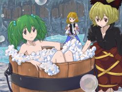 Rule 34 | 3girls, bare shoulders, bathing, black eyes, blonde hair, bow, breasts, brown eyes, bubble, bucket, cleavage, collarbone, detached sleeves, female focus, green hair, grey eyes, hair bobbles, hair bow, hair ornament, in bucket, in container, jack (wkm74959), kisume, kurodani yamame, mizuhashi parsee, multiple girls, nude, off shoulder, pointy ears, same-sex bathing, shared bathing, short hair, sleeves rolled up, smile, touhou, twintails, undressing, water