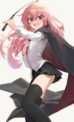 Rule 34 | 1girl, angry, black cape, black skirt, black thighhighs, blush, cape, commentary request, furrowed brow, hand on own chest, highres, holding, long hair, looking at viewer, louise francoise le blanc de la valliere, modare, motion blur, open mouth, pink eyes, pink hair, pleated skirt, riding crop, shirt, simple background, skirt, solo, thighhighs, thighs, tsundere, white background, white shirt, zero no tsukaima