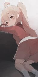 Rule 34 | 1girl, ahoge, blonde hair, blush, closed mouth, commentary request, from behind, grey background, highres, hiroki (yyqw7151), jacket, long hair, looking at viewer, onii-chan wa oshimai!, oyama mahiro, ponytail, red eyes, red jacket, red shorts, shorts, simple background, socks, solo, track jacket, white socks