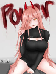 Rule 34 | 1girl, breasts, chainsaw man, cleavage cutout, clothing cutout, horns, kitsinudesiu, large breasts, pink hair, power (chainsaw man), unusual pupils, yellow eyes