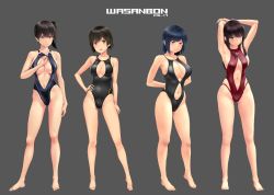 Rule 34 | 4girls, akagi (kancolle), armpits, arms behind head, arms up, bare arms, bare legs, bare shoulders, barefoot, black hair, black one-piece swimsuit, blush, breasts, brown eyes, brown hair, cleavage, cleavage cutout, closed mouth, clothing cutout, collarbone, commentary request, covered erect nipples, covered navel, full body, grey background, hand on own hip, highleg, highleg swimsuit, highres, hiryuu (kancolle), kaga (kancolle), kantai collection, large breasts, long hair, looking at viewer, medium breasts, multiple girls, navel, one-piece swimsuit, open mouth, ponytail, red one-piece swimsuit, side ponytail, simple background, smile, solo, souryuu (kancolle), standing, swimsuit, toes, wa (genryusui)