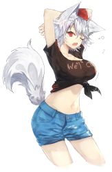 Rule 34 | 1girl, ;o, animal ears, arms behind head, arms up, bad id, bad twitter id, breasts, clothes writing, cosplay, cowboy shot, cropped legs, fang, hair between eyes, hat, hecatia lapislazuli, hecatia lapislazuli (cosplay), inubashiri momiji, large breasts, looking at viewer, midriff, navel, one eye closed, red eyes, shirt, short hair, shorts, simple background, solo, suminagashi, tail, tears, tied shirt, tokin hat, touhou, white background