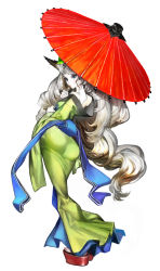 Rule 34 | 1girl, absurdres, animal ears, ass, bare shoulders, blue eyes, colored skin, curly hair, curvy, eyeshadow, fox ears, fox tail, from behind, grey hair, highres, holding, huge ass, inari, japanese clothes, kamitani george, kimono, kitsune, leaf, leaf on head, lips, long hair, looking at viewer, looking back, makeup, object on head, oboro muramasa, off shoulder, official art, pale skin, parasol, simple background, solo, tail, umbrella, very long hair, white hair, white skin, wide hips, yuzuruha