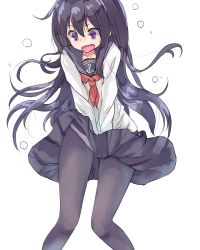 Rule 34 | 1girl, akatsuki (kancolle), anchor symbol, black pantyhose, black skirt, blush, clothes lift, collarbone, commentary request, dot nose, hair between eyes, hamaru (s5625t), kantai collection, leaning forward, long hair, long sleeves, matching hair/eyes, neckerchief, nose blush, open mouth, panties, panties over pantyhose, pantyhose, pleated skirt, purple eyes, purple hair, red neckerchief, school uniform, serafuku, shirt, simple background, skirt, skirt lift, solo, standing, sweat, underwear, very long hair, white background, white shirt, wind, wind lift