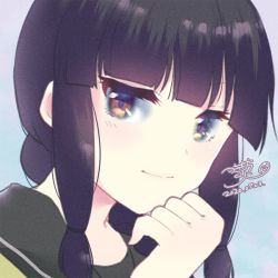 Rule 34 | 1girl, black hair, blue background, blunt bangs, brown eyes, closed mouth, commentary request, dated, green sailor collar, hand up, kantai collection, kitakami (kancolle), light smile, long hair, looking at viewer, portrait, sailor collar, signature, solo, tsukimochikuriko (tsukimochi k)