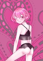 Rule 34 | 1boy, absurdres, androgynous, artist request, ass, bare shoulders, braid, from behind, highres, reona west, male focus, one eye closed, pink eyes, pink hair, pretty series, pripara, short hair, smile, solo, thong, trap, wink
