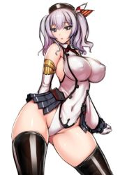 Rule 34 | 10s, 1girl, adapted costume, bare shoulders, beret, black skirt, black thighhighs, blue eyes, blush, breasts, covered erect nipples, covered navel, cowboy shot, curvy, elbow gloves, from side, gloves, hat, highleg, highleg leotard, kantai collection, kashima (kancolle), large breasts, leotard, looking at viewer, looking to the side, parted lips, rindou (radical dream), showgirl skirt, silver hair, skin tight, skirt, solo, thighhighs, twintails, white gloves, white leotard