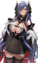 Rule 34 | 1girl, absurdres, august von parseval (azur lane), azur lane, between breasts, black horns, blue eyes, blue hair, breasts, clothing cutout, cross, cross-laced clothes, cross-laced dress, curled horns, dress, gloves, hair over one eye, hand on own chest, hand up, highres, horns, iron cross, large breasts, long bangs, mechanical horns, microdress, one eye covered, rikiddo (tise 00), strap between breasts, two-tone dress, white gloves