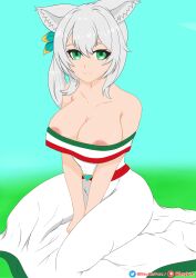 Rule 34 | animal ears, areola slip, bare shoulders, bleyker (artist), breasts, cat ears, collarbone, commission, dress, green eyes, hair ornament, highres, hizuki miu, large areolae, large breasts, long dress, long hair, looking at viewer, mexican dress, off-shoulder dress, off shoulder, side ponytail, sitting, virtual youtuber, wactor production, white dress