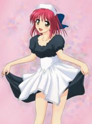 Rule 34 | 00s, 1girl, clothes lift, kohaku (tsukihime), maid, pink background, poorly drawn, simple background, skirt, skirt lift, solo, tsukihime