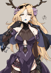 Rule 34 | 1girl, bell, black gloves, blonde hair, breasts, candy, dress, flower, food, gloves, guardian tales, hair flower, hair ornament, highres, holding, holding candy, holding food, horns, jacket, long hair, looking at viewer, medium breasts, pepepepenguinpe, santa&#039;s little helper rue, signature, simple background, solo, sunglasses, yellow eyes