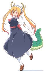Rule 34 | 10s, 1girl, breasts, dragon tail, elbow gloves, fang, full body, gloves, hair between eyes, highres, horns, kobayashi-san chi no maidragon, large breasts, large tail, long hair, looking at viewer, maid, maid headdress, mel (melty pot), open mouth, orange hair, pantyhose, red eyes, short sleeves, simple background, smile, solo, standing, standing on one leg, tail, tareme, tohru (maidragon), twintails, white background, white gloves