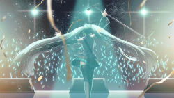 Rule 34 | 1girl, blurry, concert, confetti, depth of field, detached sleeves, electric guitar, facing away, from behind, glowstick, guitar, hatsune miku, holding, holding microphone stand, instrument, lens flare, long hair, microphone, microphone stand, nail polish, pleated skirt, skirt, solo focus, streamers, thighhighs, toriki (hed-1), twintails, very long hair, vocaloid, zettai ryouiki