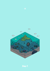 Rule 34 | absurdres, aqua background, cave, clam, cloud, commentary, crab, diorama, flying saucer, gozz, highres, island, isometric, no humans, ocean, original, sea monster, skeleton, skull, spacecraft, sun