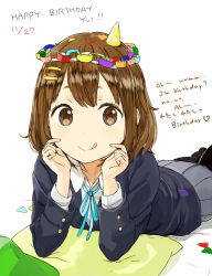 Rule 34 | 1girl, :p, :q, black pantyhose, blazer, blush, brown eyes, brown hair, character name, confetti, dated, elbow rest, english text, engrish text, hair ornament, hairclip, happy birthday, hat, head rest, hirasawa yui, jacket, k-on!, lying, nasuna, on stomach, pantyhose, paper chain, party hat, pillow, ranguage, school uniform, short hair, skirt, smile, solo, tongue, tongue out