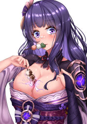 Rule 34 | 1girl, absurdres, alternate breast size, areola slip, armor, between breasts, blush, breasts, bridal gauntlets, cleavage, food, food between breasts, food in mouth, food on body, food on breasts, furrowed brow, genshin impact, hair ornament, hands up, highres, human scabbard, japanese clothes, kimono, large breasts, long hair, looking at viewer, mole, mole under eye, mouth hold, purple eyes, purple hair, raiden shogun, shoulder armor, single bridal gauntlet, solo, tabunshake, upper body, very long hair, wide-eyed
