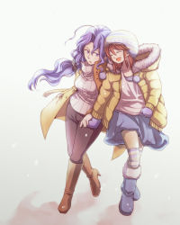 Rule 34 | 2girls, arle nadja, blue eyes, blue footwear, blue hair, blue skirt, boots, brown hair, casual, compile, contemporary, dress, closed eyes, full body, gloves, holding hands, hat, jacket, knee boots, long hair, madou monogatari, multiple girls, okui (091621), pants, pom pom (clothes), puyopuyo, rulue (puyopuyo), rulue (puyopuyo), shirt, short hair, skirt, smile, thighhighs, thighhighs under boots, white background