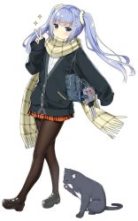 Rule 34 | 1girl, aircraft, airplane, animal, azur lane, bag, black cat, black jacket, blue eyes, blue hair, blush, buttons, cat, closed mouth, expressionless, eyebrows, full body, hair ornament, handbag, heart, jacket, licking paw, long hair, looking at viewer, orange skirt, pantyhose, pet, plaid, plaid scarf, plaid skirt, pocket, scarf, shirt, shoes, skirt, sky-freedom, sleeves past wrists, solo, sparkle, transparent background, turret, twintails, undershirt, v, vincennes (azur lane), vincennes (leisurely abc&#039;s) (azur lane), vought os2u kingfisher, white background, white shirt