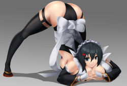 Rule 34 | 1girl, ass, bare shoulders, black hair, breast press, breasts, cleavage, curvy, detached sleeves, fingerless gloves, flexible, gloves, gradient background, green eyes, hair ornament, headdress, highleg, highleg leotard, highres, huge ass, huge breasts, iroha (samurai spirits), jack-o&#039; challenge, leotard, looking at viewer, maid, maid headdress, open mouth, pockyland, red eyes, ribbon, samurai spirits, sandals, shadow, shiny skin, short hair, smile, solo, thick thighs, thighhighs, thighs, thong leotard, top-down bottom-up, wide hips