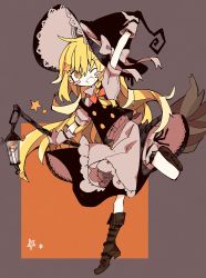 Rule 34 | 1girl, apron, bad id, bad pixiv id, black hat, black ribbon, black skirt, black vest, blonde hair, bloomers, blush stickers, boots, bow, braid, broom, brown footwear, candle, fang, fire, frills, gloves, hair bow, hat, hat bow, hatsushiro mamimu, highres, kirisame marisa, lantern, long hair, open mouth, red bow, ribbon, shirt, short sleeves, skin fang, skirt, smile, solo, star (symbol), touhou, underwear, very long hair, vest, white bow, white shirt, witch hat, yellow eyes