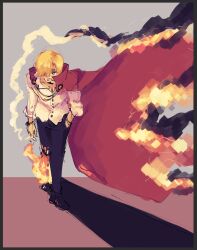 Rule 34 | 1girl, black pants, blonde hair, bracelet, cape, cigarette, commentary, curly eyebrows, english commentary, facial hair, fire, goatee, hair over one eye, hand in pocket, jewelry, looking at viewer, male focus, mustache, one piece, pants, red cape, sanji (one piece), shadow, shirt, simple background, smoke, solo, unfinished, white shirt, wigglesthetuff