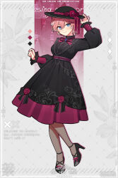 1girl absurdres adjusting_clothes adjusting_headwear alternate_costume black_dress black_footwear blue_eyes blush bow bowtie brooch closed_mouth commentary_request dress grey_background hat hat_ribbon highres hololive jewelry long_skirt long_sleeves looking_at_viewer pantyhose pink_background pink_hair pink_ribbon puffy_sleeves red_bow red_bowtie ribbon short_hair skirt smile solo takane_lui two-tone_background virtual_youtuber waka_(wk4444)