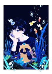 Rule 34 | 1girl, air bubble, bad id, bad twitter id, blue eyes, blue hair, blue shirt, border, bubble, closed mouth, earrings, fish, head rest, highres, jewelry, leaf, leaf on head, limited palette, looking at viewer, mole, mole under eye, nikaidou kou, original, shirt, short hair, siamese fighting fish, tanuki (ame to kimi to), underwater, white border