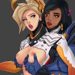 Rule 34 | 2girls, artist name, black hair, blonde hair, blue eyes, bodysuit, grabbing another&#039;s breast, breasts, breasts out, brown eyes, dark-skinned female, dark skin, facial mark, grabbing, grey background, highres, mercy (overwatch), multiple girls, nipples, open mouth, overwatch, overwatch 1, parted lips, pharah (overwatch), signature, torn clothes, yuri