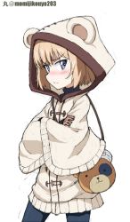 Rule 34 | 1girl, animal hood, artist name, bag, bear hood, black pants, blonde hair, blue eyes, blush, boko (girls und panzer), carrying, closed mouth, coat, commentary, cowboy shot, crossed arms, frown, girls und panzer, girls und panzer senshadou daisakusen!, handbag, hood, hood up, hooded coat, katyusha (girls und panzer), kayabakoro, long sleeves, looking at viewer, one-hour drawing challenge, pants, short hair, simple background, solo, standing, toggles, twitter username, white background, white coat, wide sleeves