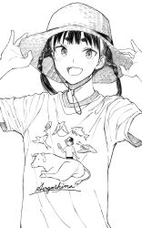 Rule 34 | 1girl, :d, braid, commentary request, greyscale, hands on headwear, hands up, highres, hiwatari rin, looking at viewer, monochrome, open mouth, original, shirt, short eyebrows, short sleeves, simple background, smile, solo, thick eyebrows, twin braids, twintails, upper body, white background